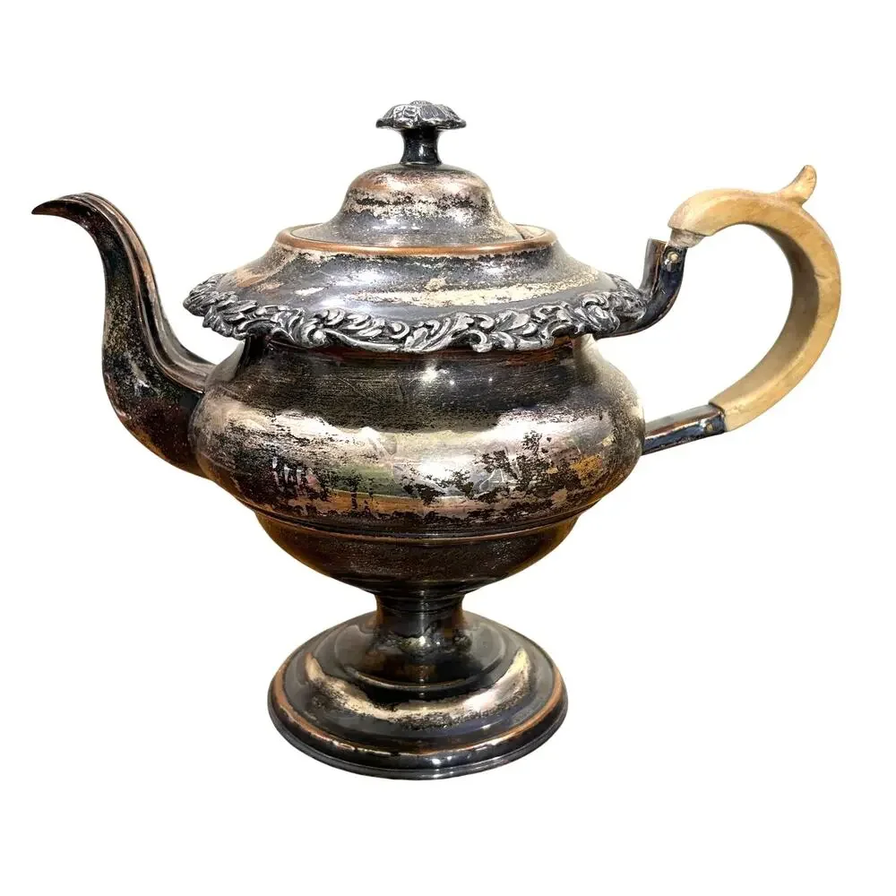 Antique Footed Tea Pot‎ Silver Plated Copper with Wood Handle Patina Shabby Chic